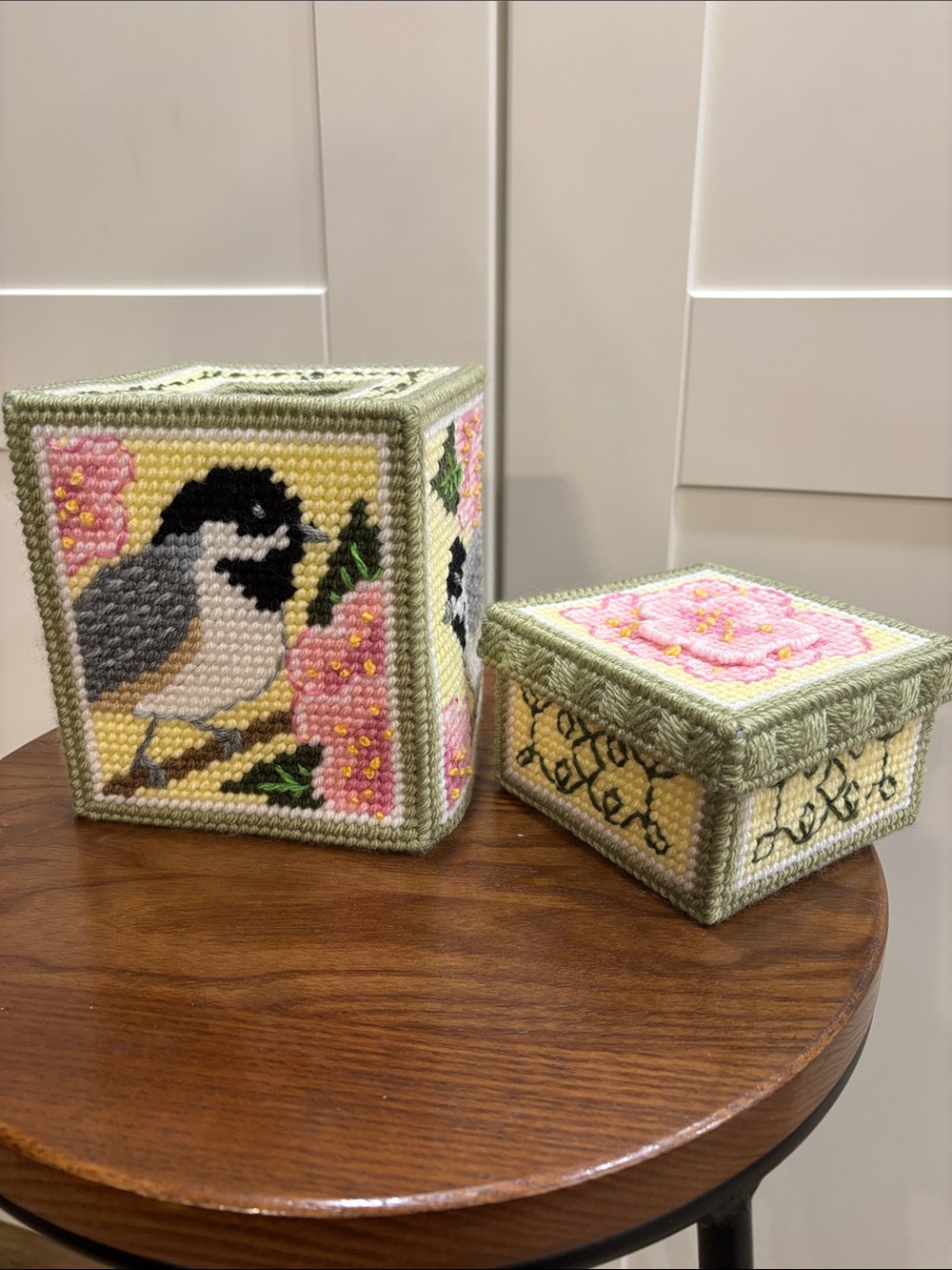 Handcrafted Pink & Green Bird Needlepoint Boxes - Home Accents